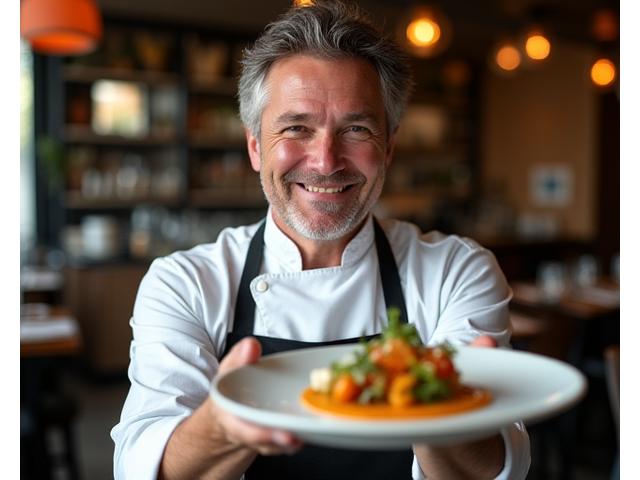 Un chef en toque présentant avec un sourire énigmatique un plat artistiquement dressé, dont les ingrédients sont partiellement dissimulés, suggérant le mystère et la surprise.