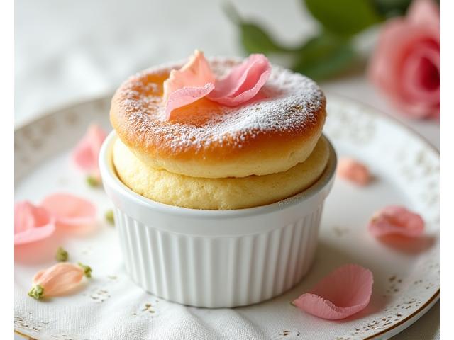 Soufflé Grand Marnier doré et aérien, délicatement infusé de cardamome et de pétales de rose, servi dans un ramequin blanc sur une nappe en lin.