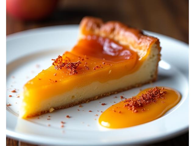 Part de tarte Tatin aux pommes caramélisées, accompagnée d'un coulis de mangue et parsemée d'épices chaudes indiennes comme la cardamome et le safran.