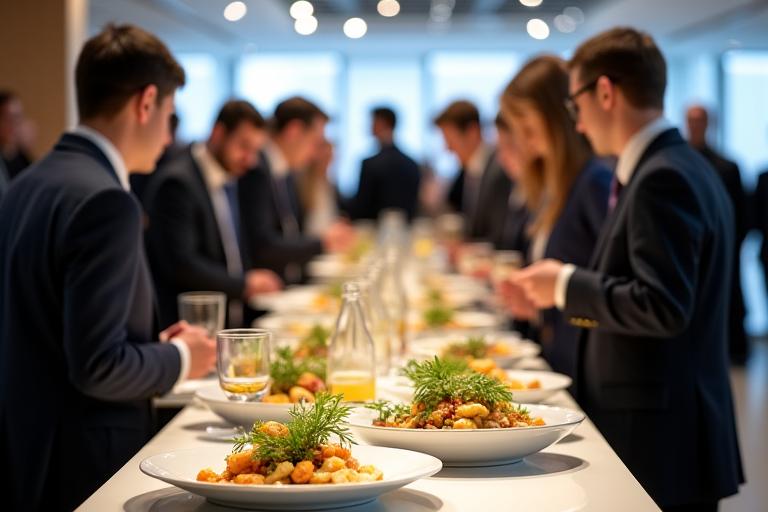 Participants à une conférence en train de réseauter autour d'un buffet élégant avec des plats sains et des boissons dans des contenants réutilisables.