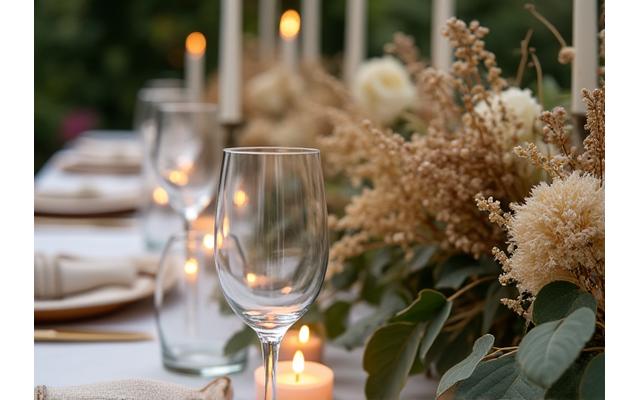 Décoration de table minimaliste et élégante avec des éléments naturels comme des feuilles séchées et du lin.