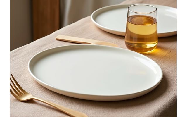 Assiettes et couverts élégants en matériaux biosourcés, disposés sur une table en bois naturel.