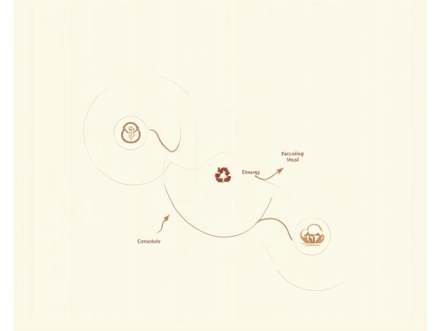 Infographie stylisée montrant 4 cercles interconnectés symbolisant réduction des déchets, sourcing local, efficacité énergétique, et compensation carbone.