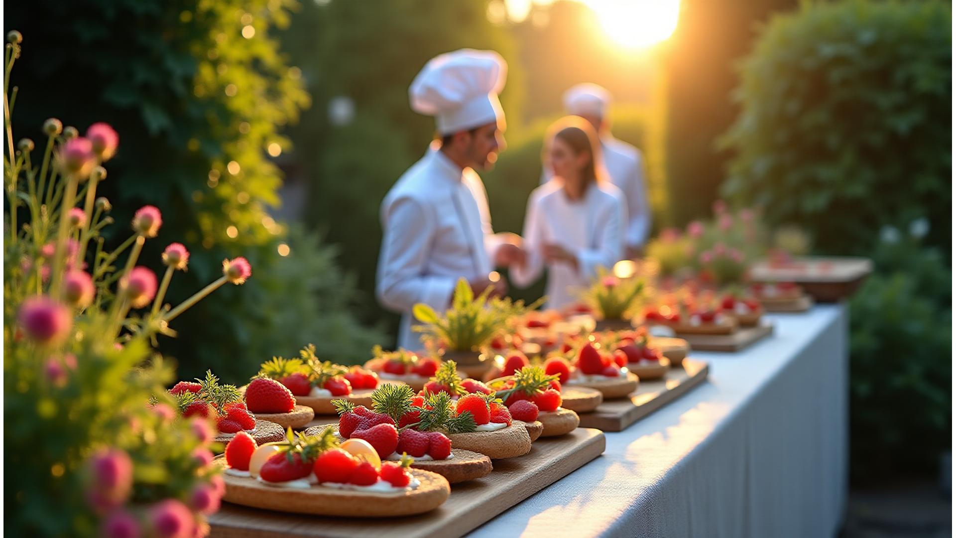 Vue aérienne d'un jardin luxuriant avec des chefs préparant un repas en plein air, symbolisant un événement écoresponsable.
