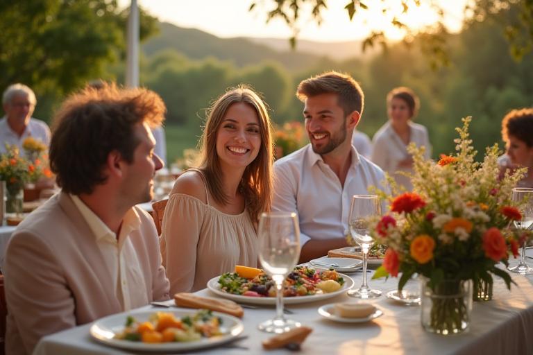 Un couple de mariés souriant lors d'un mariage en plein air, avec des éléments de décoration naturels et une table de buffet élégante.