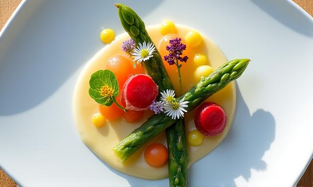 Plat gastronomique coloré composé de légumes racines et de herbes fraîches localement sourcées.
