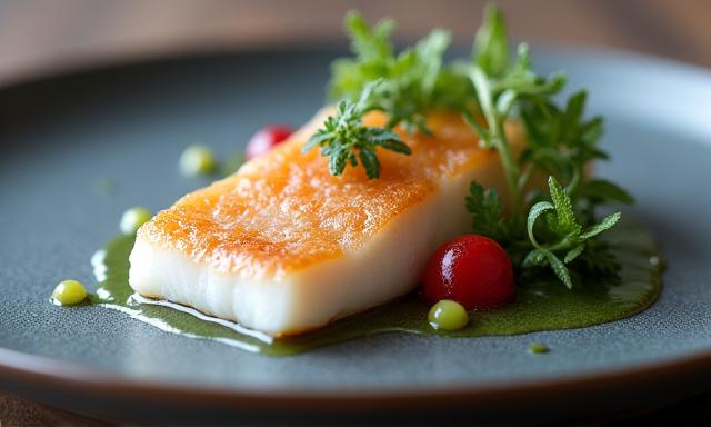 Plat de poisson présenté de manière artistique avec des algues et des herbes, symbolisant la pêche durable.