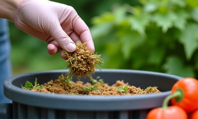 Main humaine déposant des restes alimentaires dans un composteur moderne, avec un arrière-plan verdoyant.