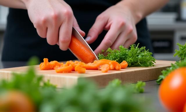 Chef utilisant toutes les parties d'un légume dans une cuisine professionnelle, illustration de l'optimisation des portions.