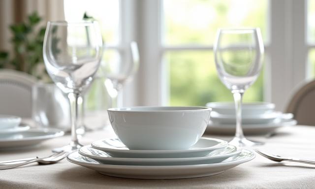 Vaisselle élégante en porcelaine et verres réutilisables, empilés de manière ordonnée après un événement.