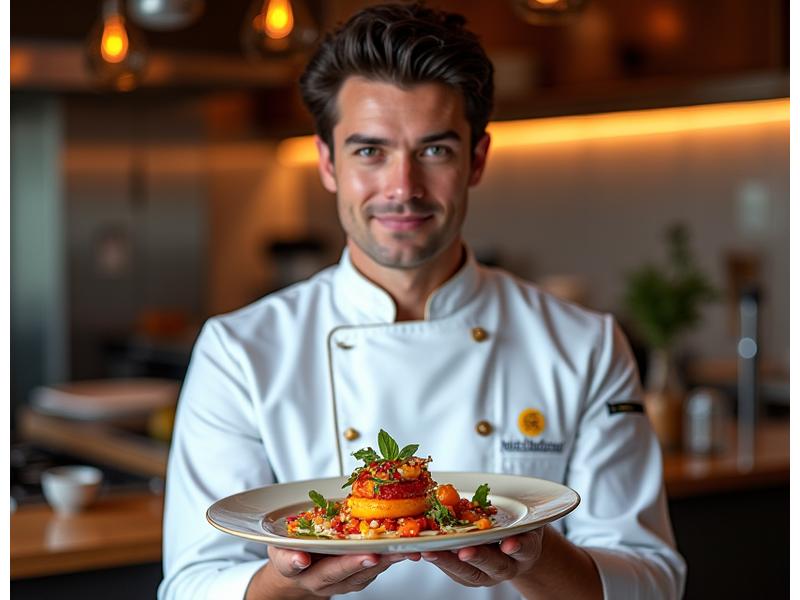 Chef Pierre Moreau présentant une assiette de homard fusion aux épices délicates.
