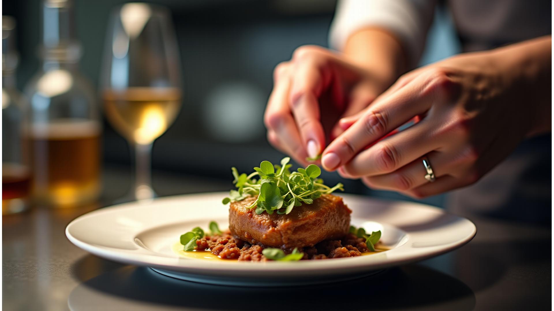 Chef préparant un plat sophistiqué avec dextérité et passion dans une cuisine moderne.