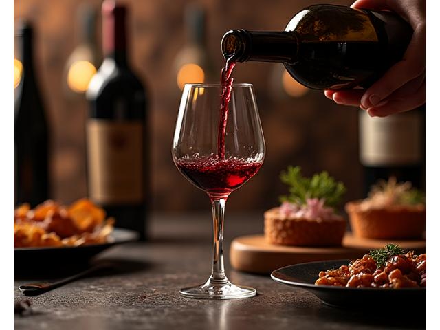 Sommelier présentant une bouteille de vin rouge élégante à côté d'un plat raffiné.