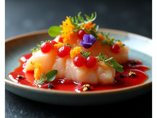 Plat de cuisine fusion, coloré et artistique, mélangeant saveurs françaises et asiatiques.