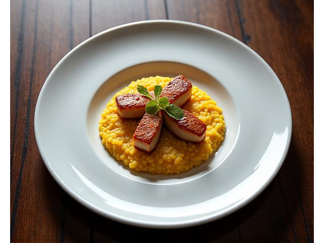 Plat gastronomique délicatement dressé avec ingrédients frais et colorés.