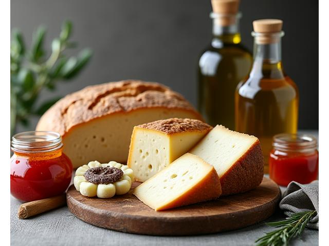 Assortiment de produits artisanaux français : fromages affinés, confitures maison, pains rustiques.