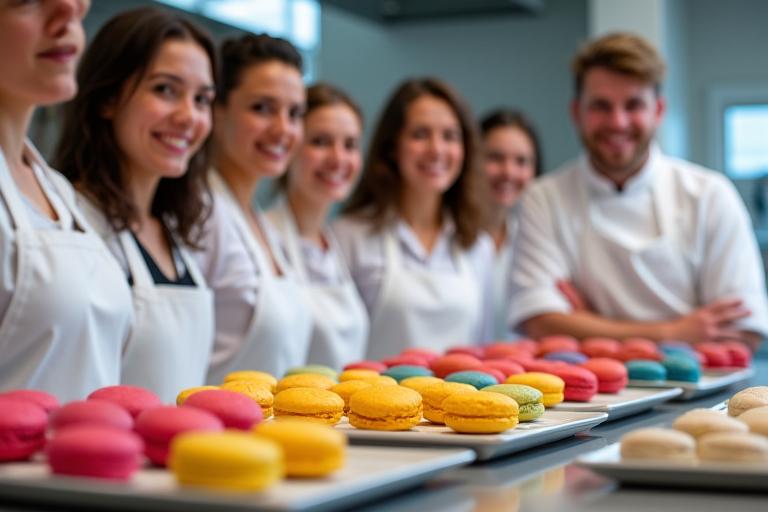Participants joyeux dans un atelier culinaire, présentant fièrement leurs macarons fraîchement préparés.