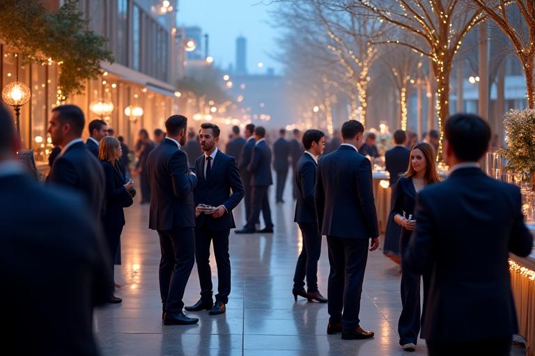 Dirigeants de l'entreprise 'Global Solutions' lors d'un cocktail dînatoire élégant à la Cité de la Mode et du Design.