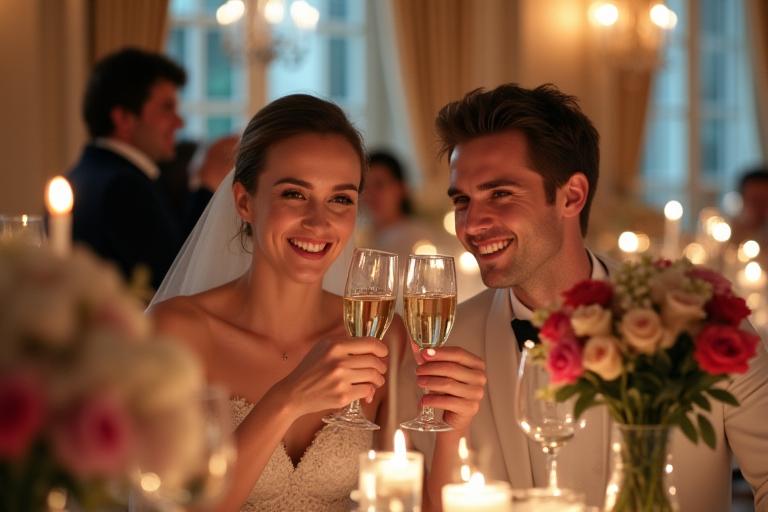 Mariés souriants lors d'un dîner de mariage élégant au Château de Chaumont.