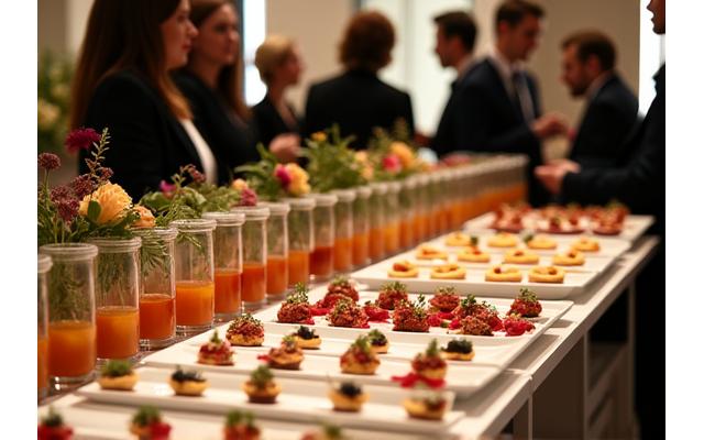 Événement corporate avec des professionnels en networking et un buffet élégant Fête Gourmande