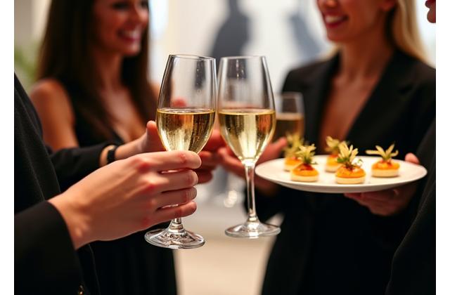 Cocktail de lancement de produit de luxe dans une galerie d'art avec des canapés Fête Gourmande
