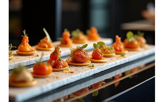 Lancement de produit avec un buffet de canapés élégants disposés artistiquement par Fête Gourmande