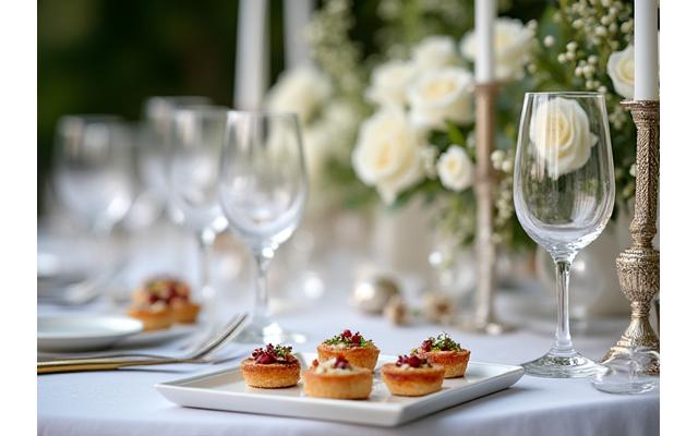 Mariage de prestige organisé par Fête Gourmande, avec table joliment dressée et décorations florales