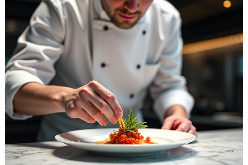 Chef cuisinier de Fête Gourmande présentant un plat élégant pour un menu personnalisé