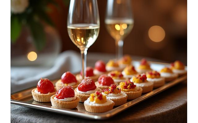 Réception privée luxueuse avec petits fours délicats de Fête Gourmande et coupes de champagne